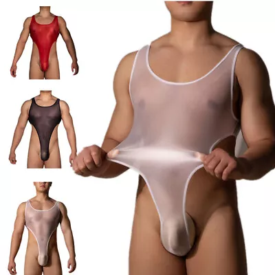 Mens Sexy Glossy Sheer Sleeveless High Cut Leotard Bodysuit Underwear Swimwear • $5.27