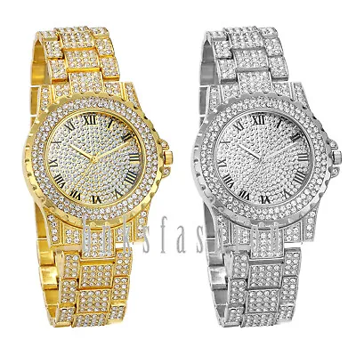 Mens Luxury Watch Roman Numerals Rhinestone Band Dial Analog Quartz Wrist Watch • $11.99