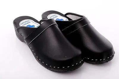 Black Hand Made Clogs Geniune Leather Healthy Mules Wooden Sole Shoes DM • £29.99
