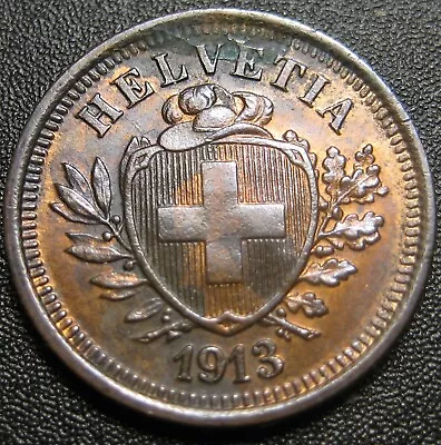 1913-b  Switzerland Bronze 1 Rappen Coin Helvetia - Km # 3  - Au • $2.10