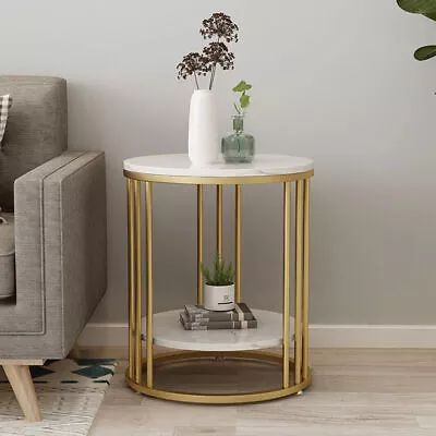 Coffee Table End Marble Top With Metal Frame Round Side Table With Storage Shelf • $85.95