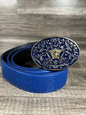 Versace Belt Blue Leather With Blue And Gold Buckle Size 48 • $198.45