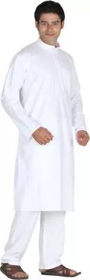 White Cotton Mens Kurta Pajama Indian Ethnic Style Long Kurta Pajama Set • $20.99