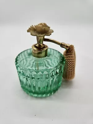 Vintage Mid Century Green Ribbed  Glass Atomizer Pump Perfume Bottle Floral Top • $22.45