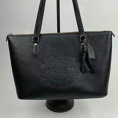 Coach Gallery Black Pebbled Leather Tote Shoulder Bag Gold Zip Charm CM086 EUC • $141.96