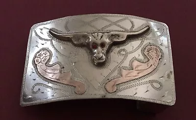 Rare Vintage Mid Century Old Western Nickel Silver Red Eyed Longhorn Belt Buckle • $65