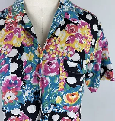 VTG 80s 90s Polka Dot Mixed Print Blouse S Colorful Floral Print Boxy Fit FLAWS • $6