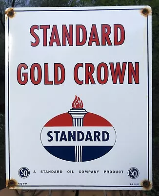 Vintage 1957 Dated Standard Gold Crown Gasoline Porcelain Gas Motor Oil Sign • $42