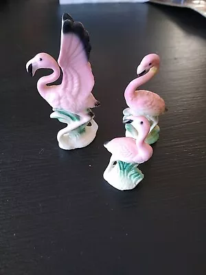 Pink Flamingo Bird Figurine Bone China Ceramic Porcelain VTG Japan Set 3 • $22.88