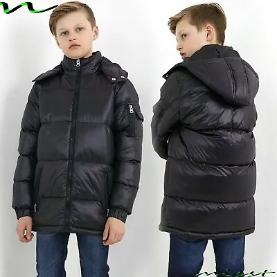 £19.99 • Buy New Boys Shiny Black Coat Kids Back To School Hooded Parka Jacket Winter Warm Si