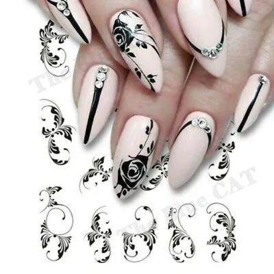 Nail Art Stickers Water Decals Transfers Black Flowers  Lace Floral • £1.75