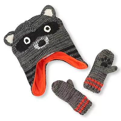 Toddler Boys Raccoon Knit Hat And Mittens Set Size XS (6-12 MOS) • $12.99