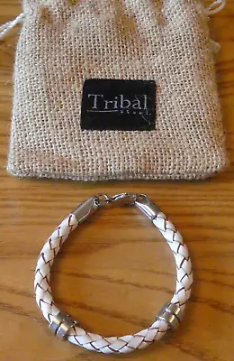 £6.99 • Buy White Plaited Leather With Steel  Tribal  Bracelet With Hessian Pouch 19.5cm