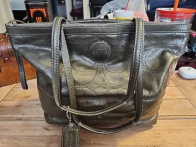 Vtg Coach Patent Leather Stitched C Tote Metallic Silver Purse E1093-F15142 • $25