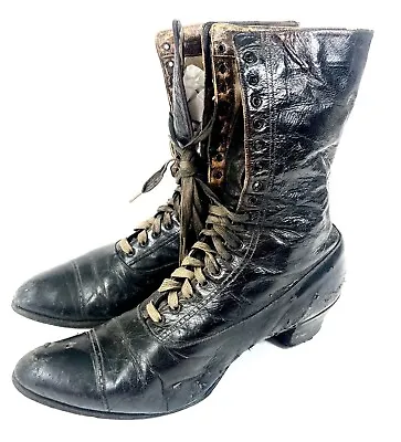 Antique Victorian Women’s Lace Up Black Leather Boots Over 100 Years Old • $85