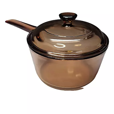 Pyrex CORNING WARE VISIONS Brown Cookware 1 L Sauce Pan With Spout Lid V-1-C USA • $22