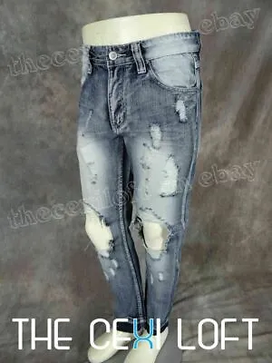 Mens Jeans Moto Biker Victorious Brand Ice Blue Wash Knee Out Rips And Fades • $29.99