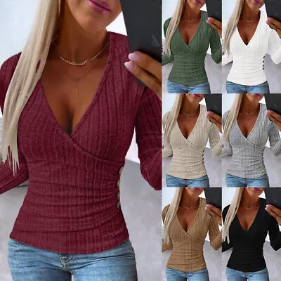 Womens V Neck Wrap Tops Ladies Slim Long Sleeve Party T Shirt Blouse Tee Size US • $19.19