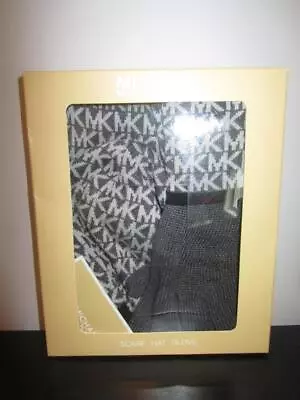 Michael Kors MK Gray Logo 3 Piece Gift Set Knit Scarf Hat & Gloves Gift Box NEW • $39.99