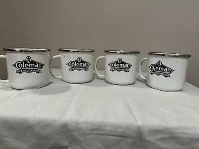 Vintage Coleman “The Sunshine Of The Night” White Speckled Camping Mugs Set Of 4 • $35.50