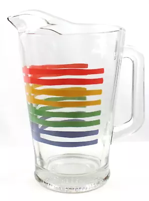 ANCHOR HOCKING Fiesta Stripe Water Tea Pitcher Rainbow 60oz Vintage Made In USA • $12