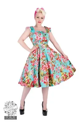 H&R London Blue Lagoon Floral Flowers Rockabilly Pinup 50s Swing Dress 9619 • $39.99