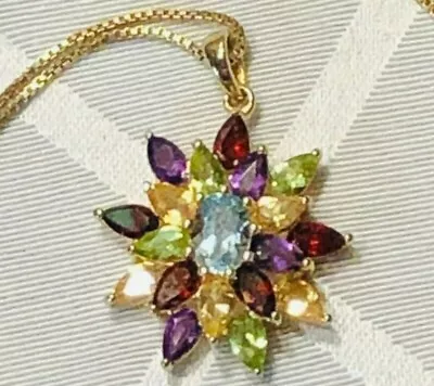 VTG Colorful Multi Gemstone Gold Plate 925 Silver Flower Pendant Necklace 18  • $49.95