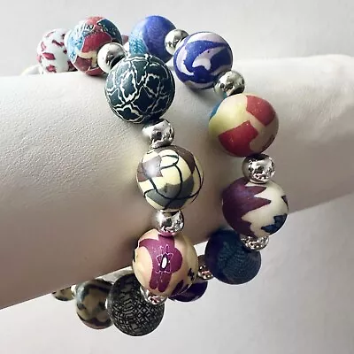 Viva Beads Chunky Silver Clay Handmade Set Of  Two Stretchy Bracelets NWT • $24.90