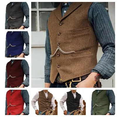 Mens Tweed Waistcoat Vests Herringbone Cowboy Vintage Tailored Groom 42 44 46 48 • £23.99