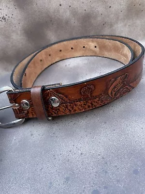 Leather Belt Bass Fishing Stamped Distressed Size 38 Brown Genuine Leather USA • $35