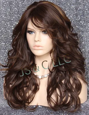 $94.95 • Buy Human Hair Blend Full Wig Brown Mix Wavy Bangs Heat OK Feathered Sides WEPX 6/27