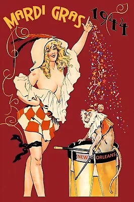 Vintage Mardi Gras Poster Girl With Monkey : Archival Quality Art Print • $57.95