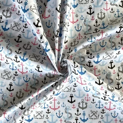 100% Organic Cotton Poplin Fabric Anchors Nautical Anchor Ship Boat • £1.50
