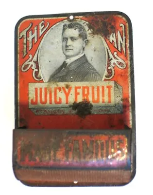 Vintage Advertising Tin Match Safe - The Man Juicy Fruit Made Famous - Wrigley • $110