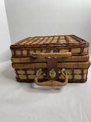 Small Vintage Wicker Suitcase Style Picnic Basket With Plates Cups Silverware • $22