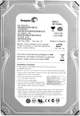 Hard Drive Seagate DB35.3 320GB ST3320820ACE 7200U/Min 8MB Ide Ata 3.5   Inch • £154.33