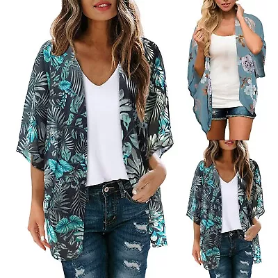 Womens  Summer Floral Printed Puff Sleeve Chiffon Kimono Cardigan Loose Cover Up • $22.33