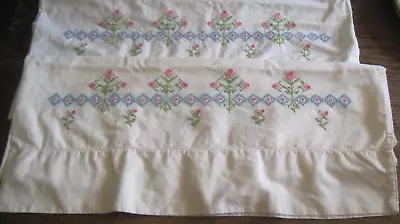 Pair Of Vintage Cross Stitch Pink Floral&blue Diamonds Pillowcases • $6.99