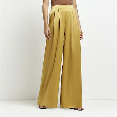 £9 • Buy River Island Womens Trousers Gold Palazzo Wide Leg Mid Rise Pants Bottoms