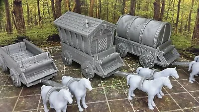 3 Wagon Caravan W/ Horses 28/32mm Scale Tabletop Scatter Terrain Tile Scenery • $49.99