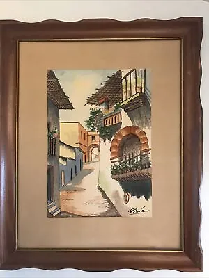 Mexican Street Painting Rustic Village Watercolor Signed Framed 16x13” Vintage • $65.66