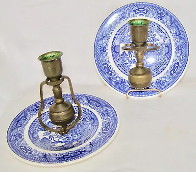 Vintage Pair Of Blue Willow+brass Ship’s Gimbal Self Leveling Candlestick Plates • $49