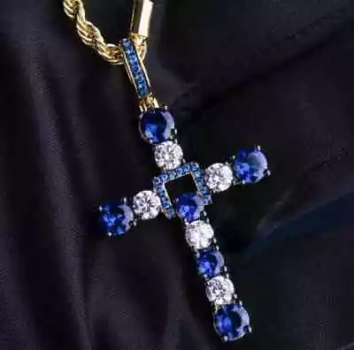 Cross Pendant 2.20Ct Round Cut Lab-Created Blue Sapphire 14K Yellow Gold Plated • $119.25