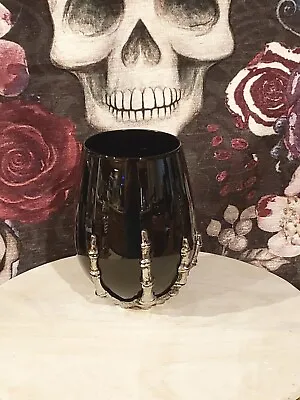 Halloween Stemless Wine Glass Skeleton Hand-black Glass- Silver Metal New! • $24.99