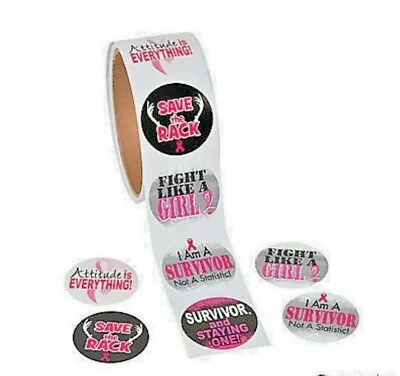 Breast Cancer Awareness Pink Ribbon Motivational Sayings Roll Stickers 100 Count • $7.85