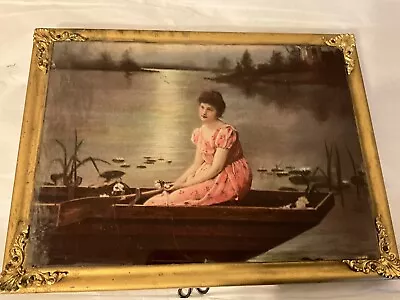ANTIQUE Ornate 8” Wood GOLD Frame Medallions Lady  PINK Boat C1902 Wire Stand • $44