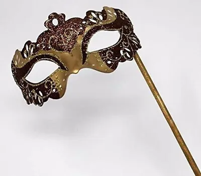 Gold & Brown Rialto Venetian Masquerade Party Carnival Ball On A Hand Held Stick • £13.99