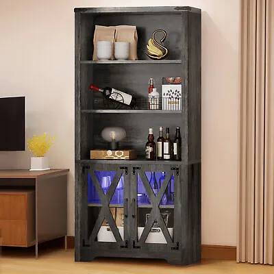 Modern Bookshelf Bookcase 69 Inch Storage Cabinet With Acrylic Doors & LED Light • $145.99