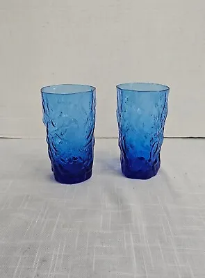 Lot Of 2 Morgantown Seneca Driftwood Glass Peacock Blue Crinkle Ice Tea Tumblers • $19.95