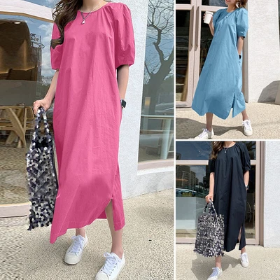 $27.02 • Buy ZANZEA Womens Puff Short Sleeve Plain Loose Waist Holiday Kaftan Long Maxi Dress
